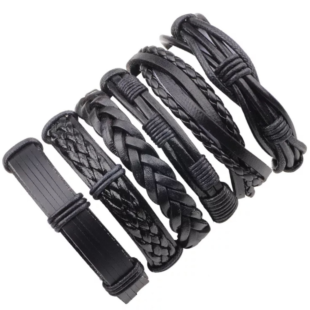 6pcs Black Braided Leather Bracelet for Men